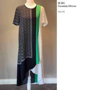 BCBG Adeline Black Green White Geometric Short Sleeve Dress